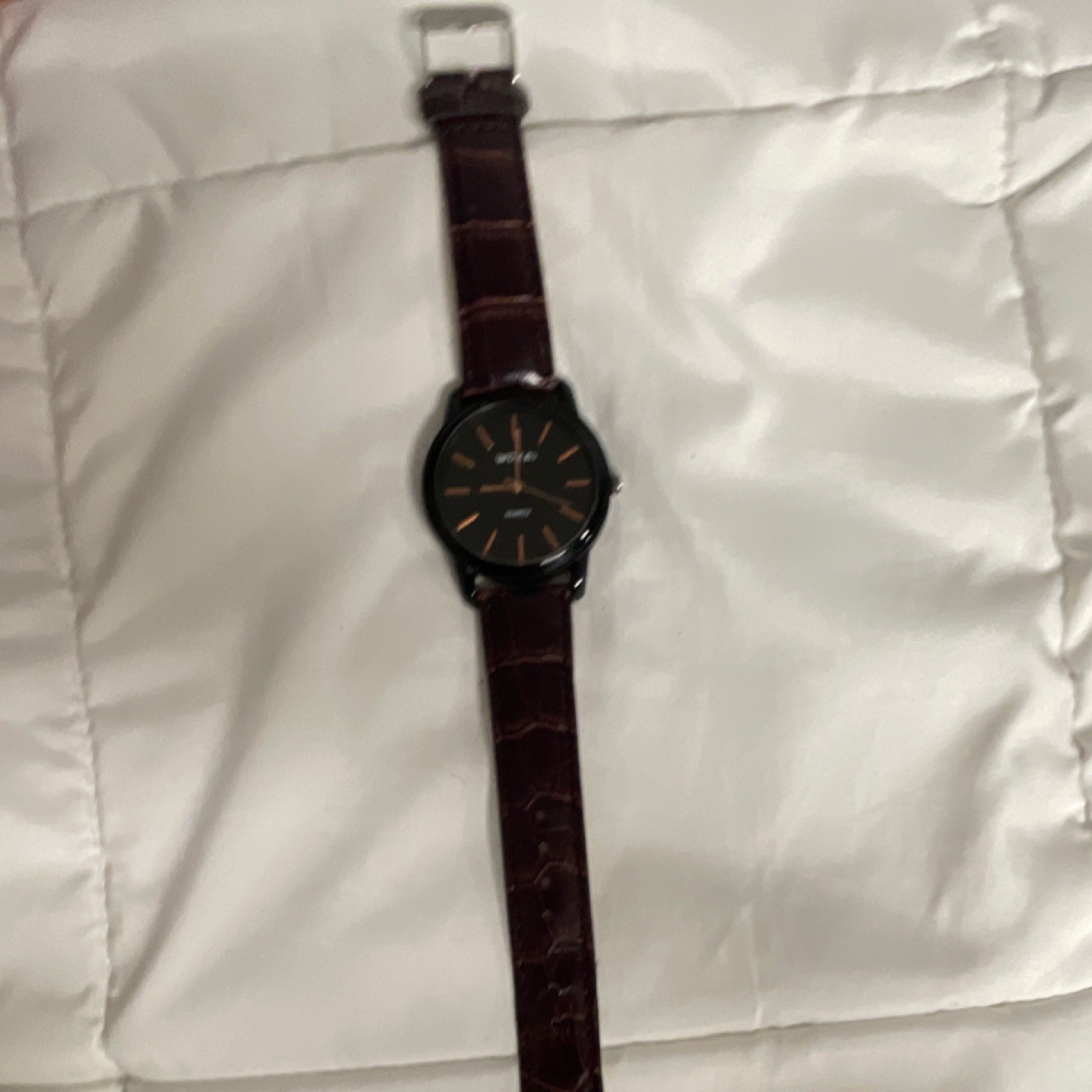 WOCAi Quartz Analog Dress Watch Black Dial Black Case Brown Faux Leather Strap