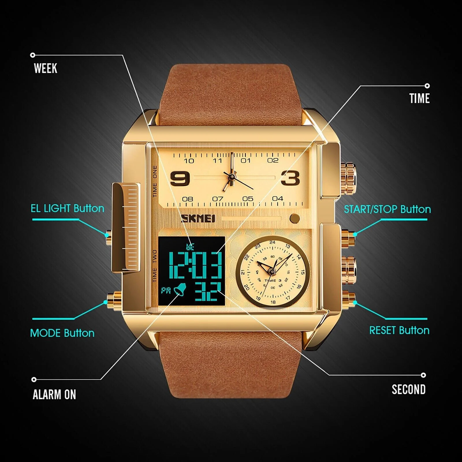 Men’s Triple Sub-Dial Quartz Watch Genuine Leather 3 Timezone Stopwatch Gold