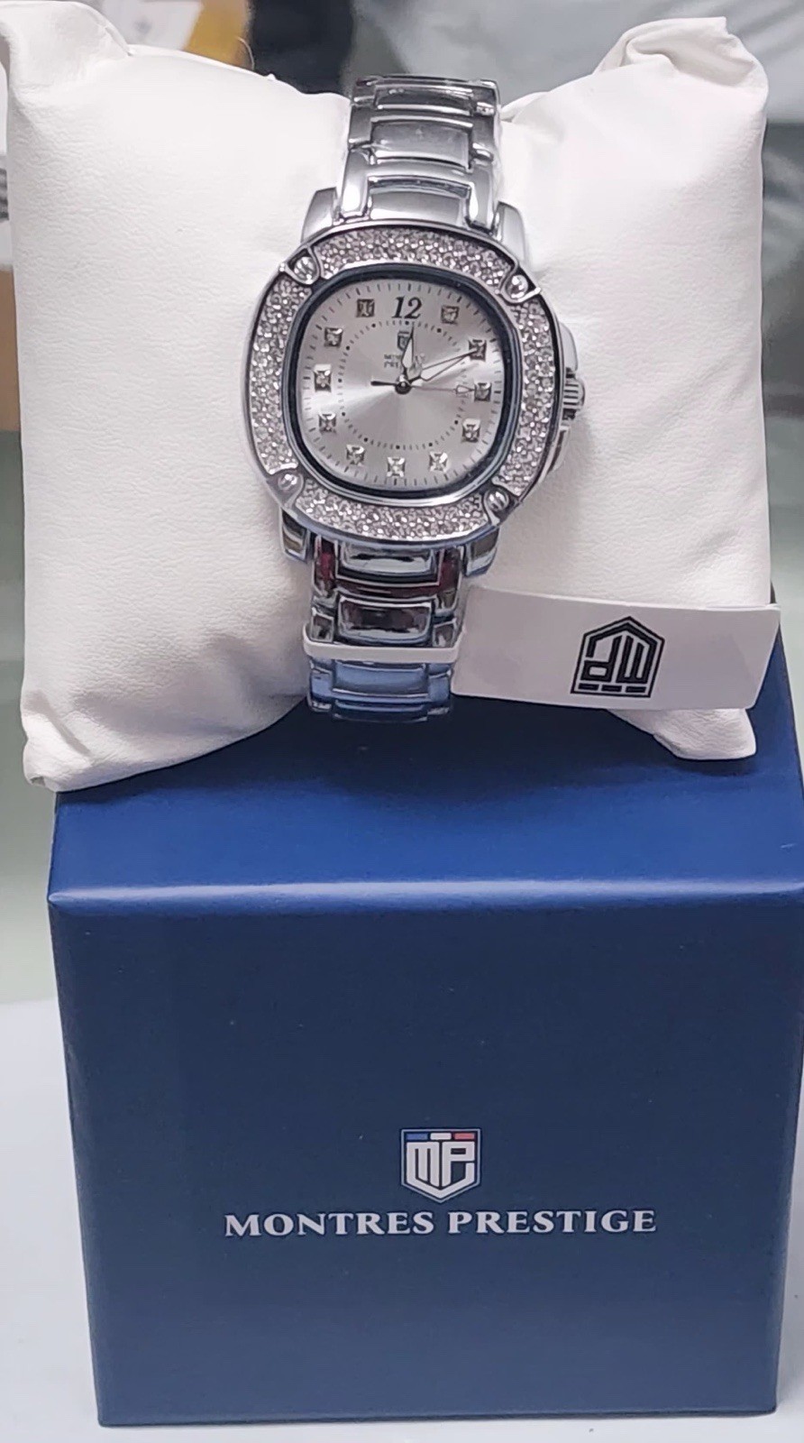 Montres Prestige Gem-Set Silver Cushion Dress Wristwatch with Gemstone Markers