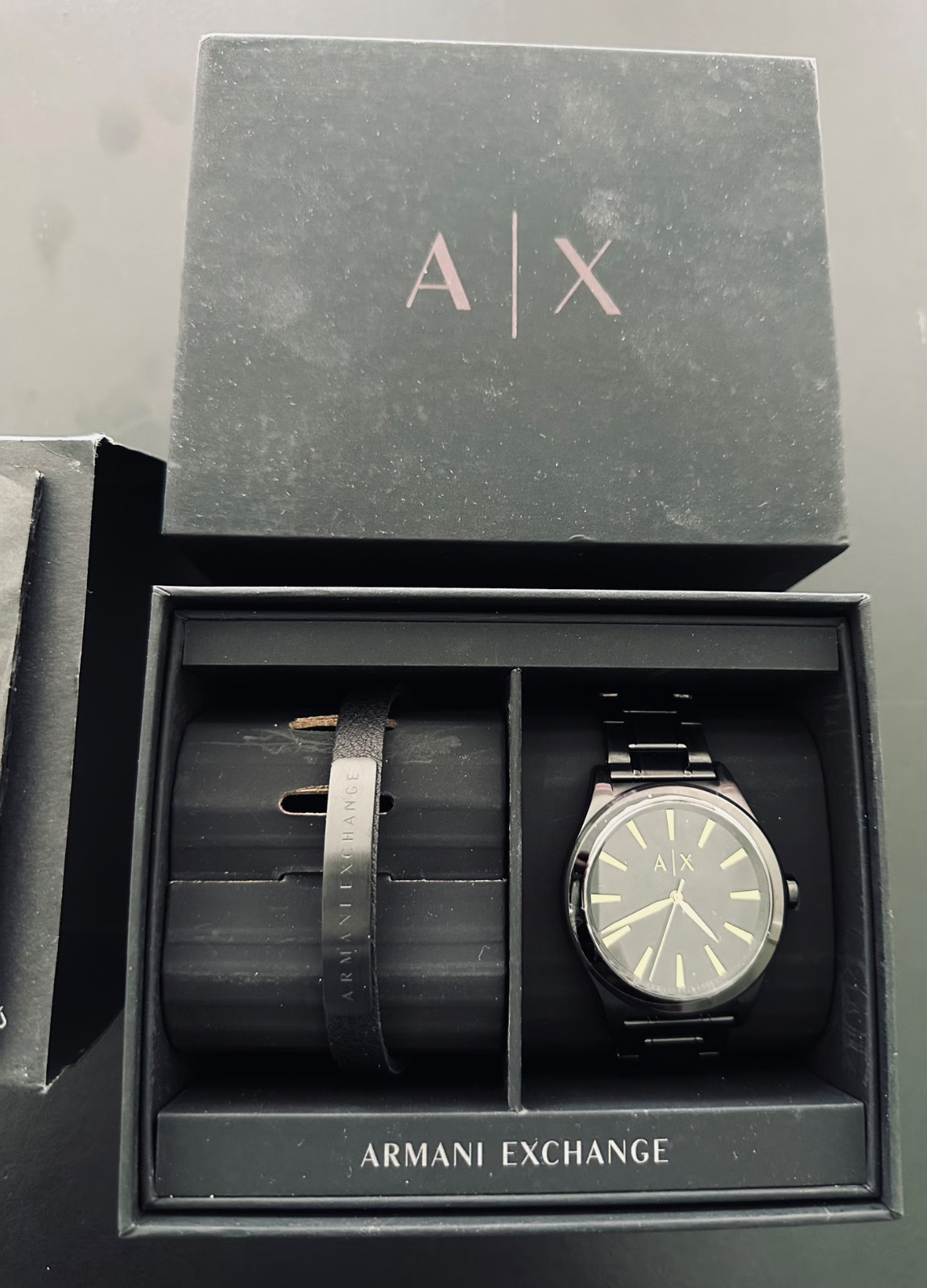 Armani Exchange Watch + Analog Bracelet AX7102 Black Stainless Steel Gift Set