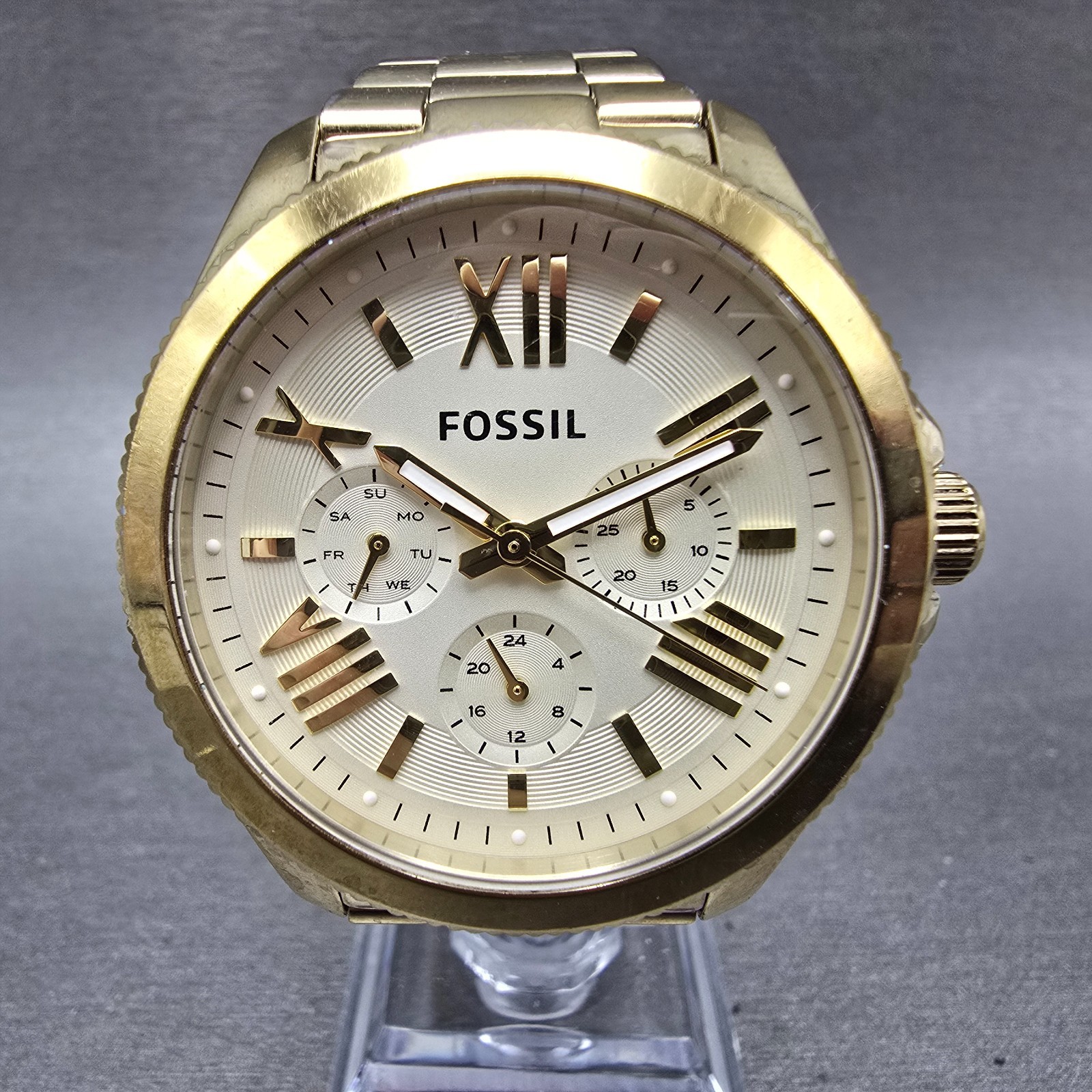 Fossil Cecile Watch Women 40mm Cream Dial Gold Tone Daydate AM4510 New Battery S