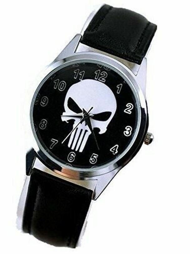 Punisher Character White Skull Logo Black Leather Band Wrist Watch