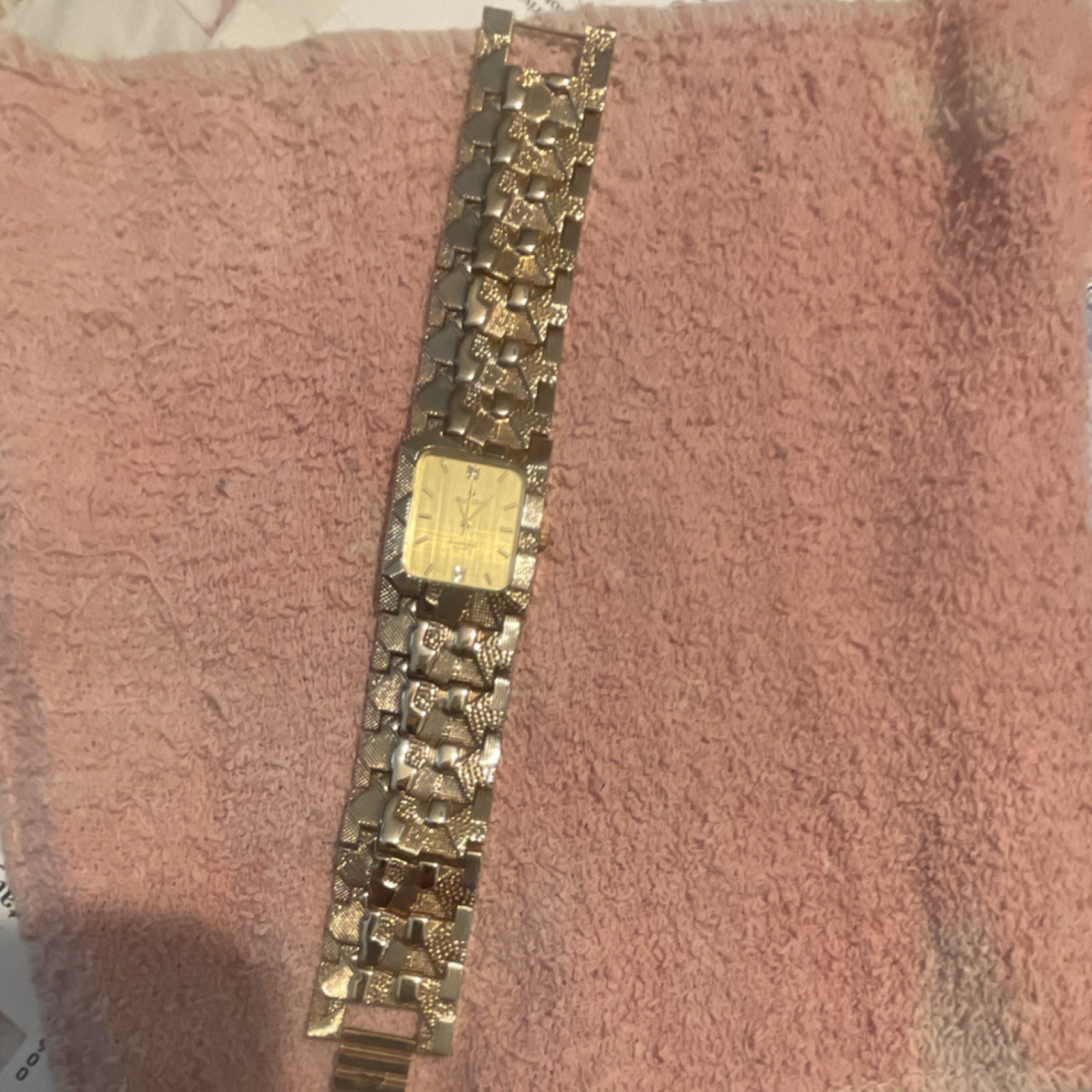 Gold Tone Rectangle Analog Dress Wristwatch with Bracelet Band & Stick Indexes