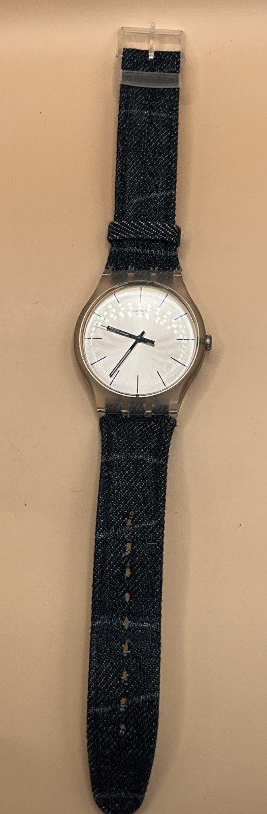 Swatch AG-2012 Clear Case Silver Dial with Denim/Leather Band – New Battery