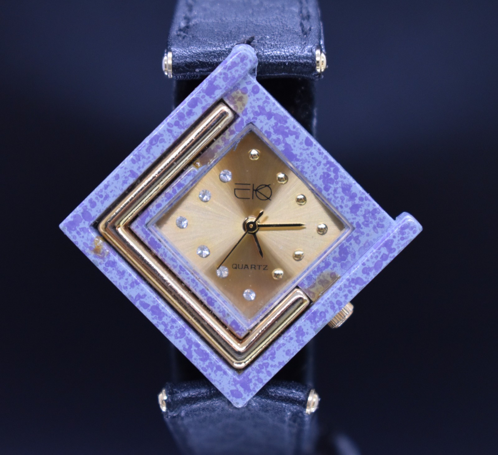 Vtg 1980s Asymmetrical Fashion Watch Geometric Purple Gold Statement NEW BATTERY