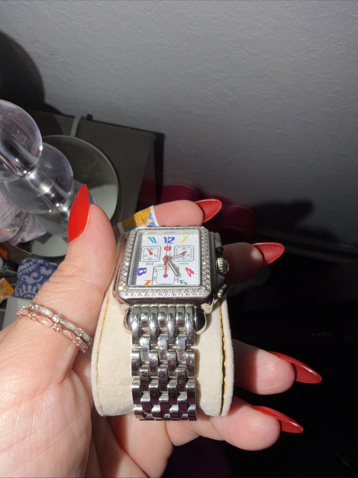 MICHELE Deco Women’s Rectangular 33mm Chronograph Day/Date Diamond Bezel
