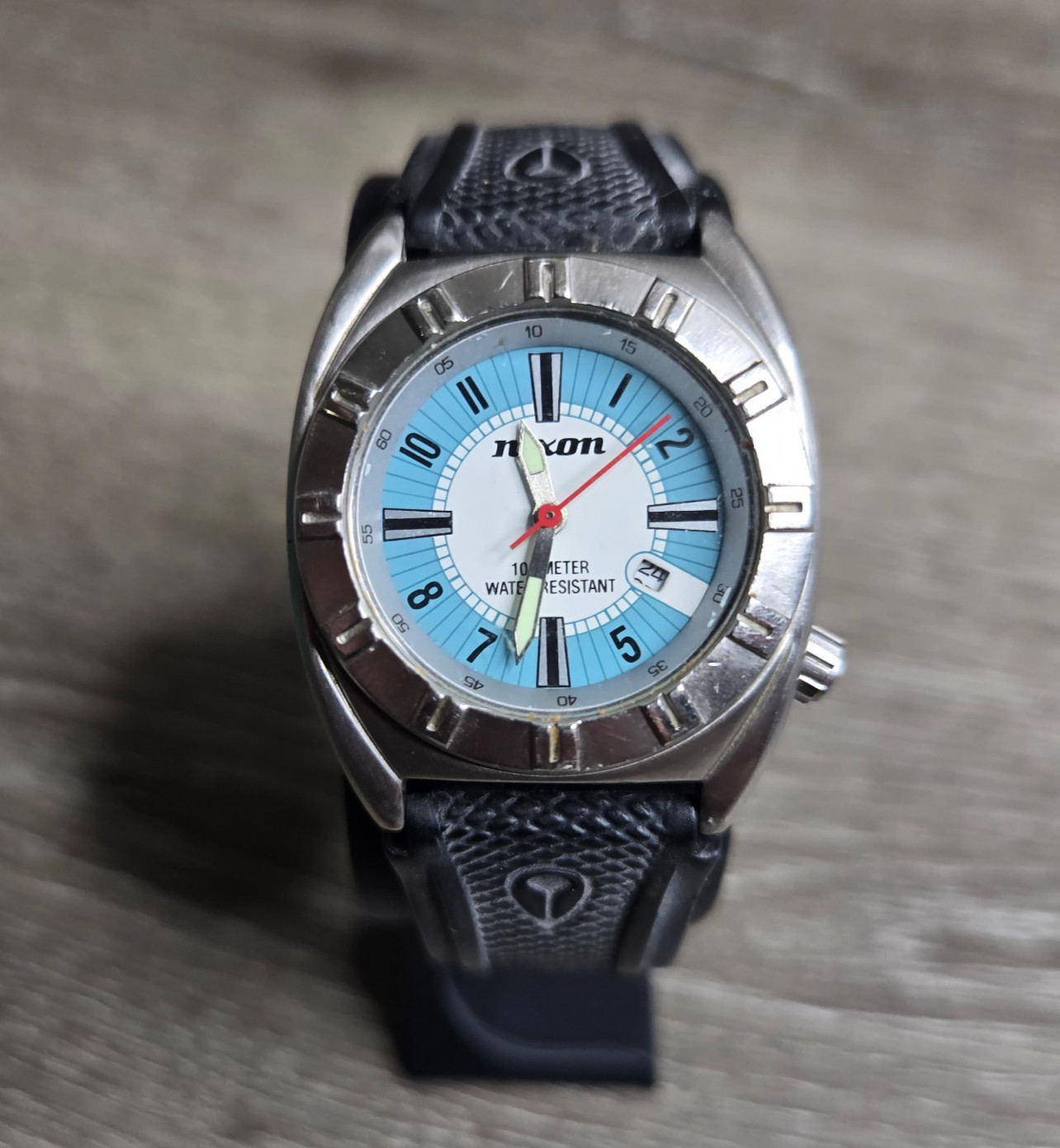 Nixon The Stop Quartz Watch Blue White Dial Date Black Rubber Strap Works Vintag