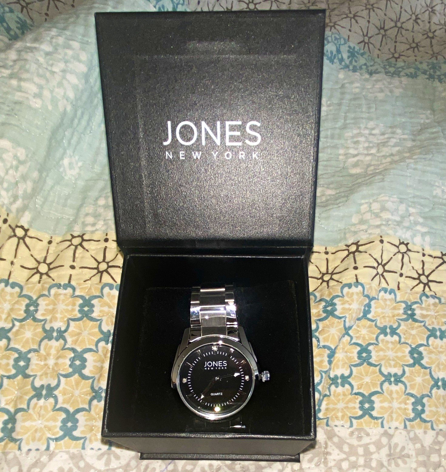 Jones New York Women’s Quartz Dress Watch Black Dial Silver Tone Bracelet Box