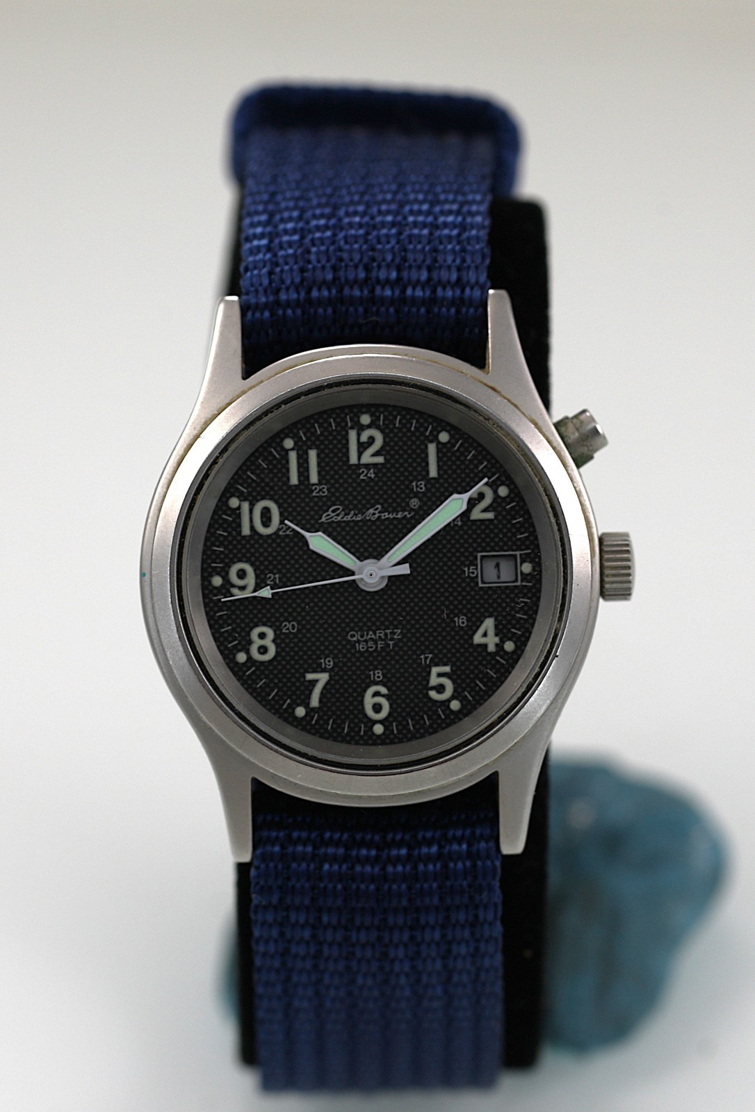 Eddie Bauer Men Watch Stainless Blue Nylon 50m Batt Gray Date Light 24hr Quartz