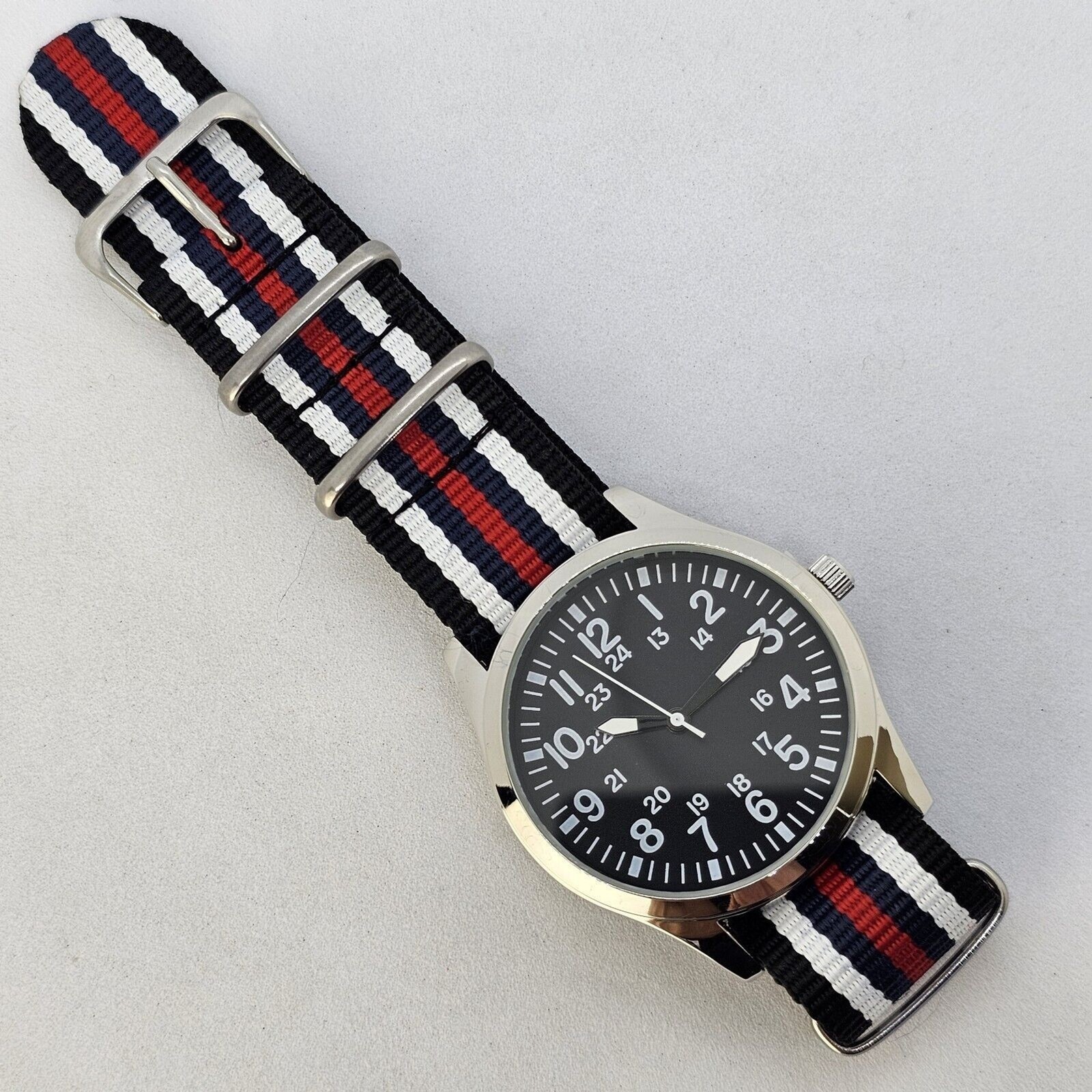 Field Watch Men 42MM Gray Case Black Dial White Red Blue Black Canvas Strap Band