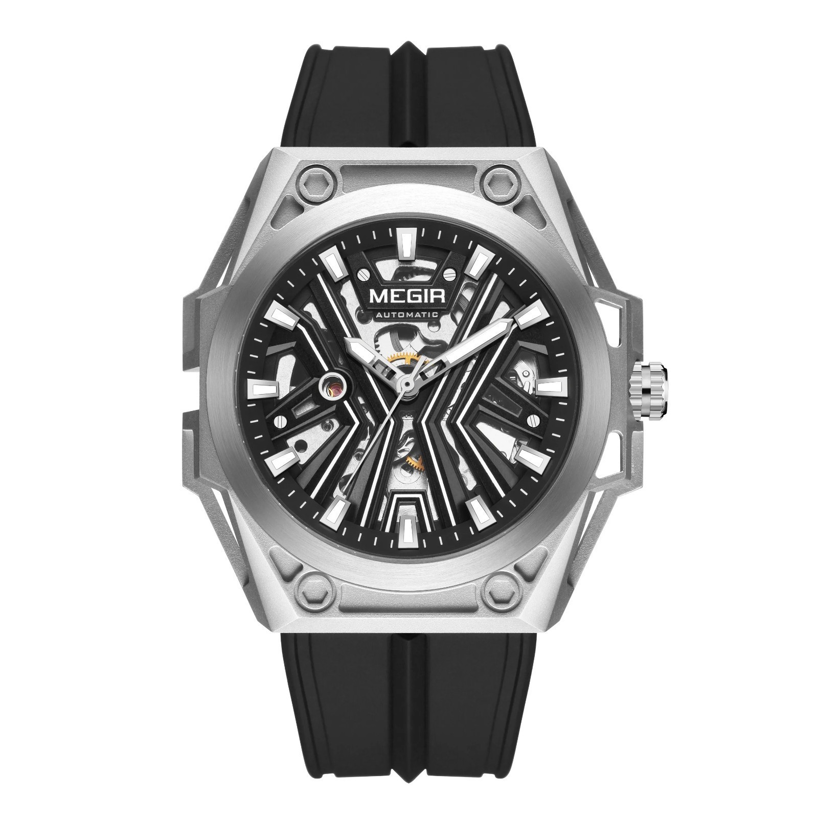 47MM MEGIR Automatic Skeleton Watch Men’s Luxury Waterproof Silicone Analog NEW