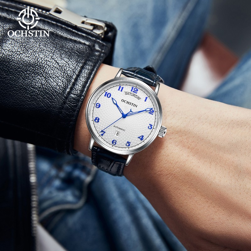 OCHSTIN Men’s Automatic Mechanical Watch Business 3ATM Day Date Leather Strap