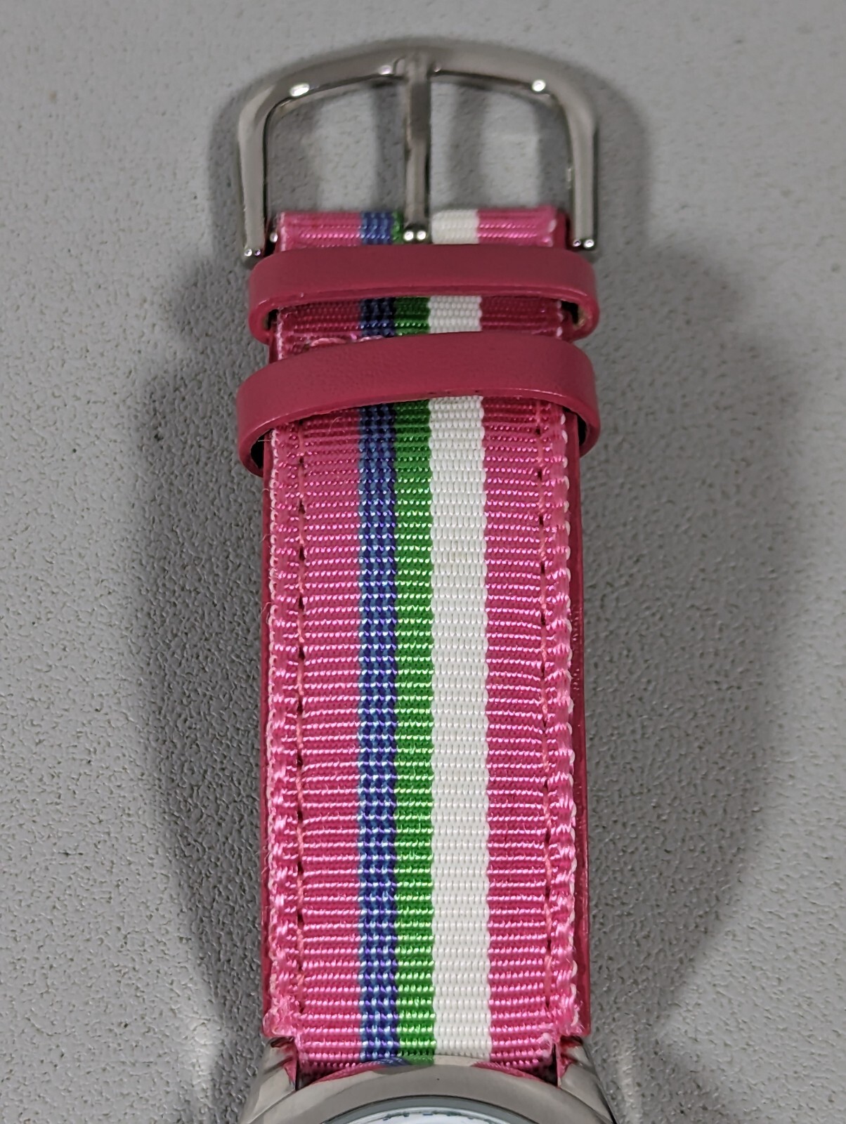 White Dial Round Silver Tone Case Pink White Green Blue Canvas Band Watch