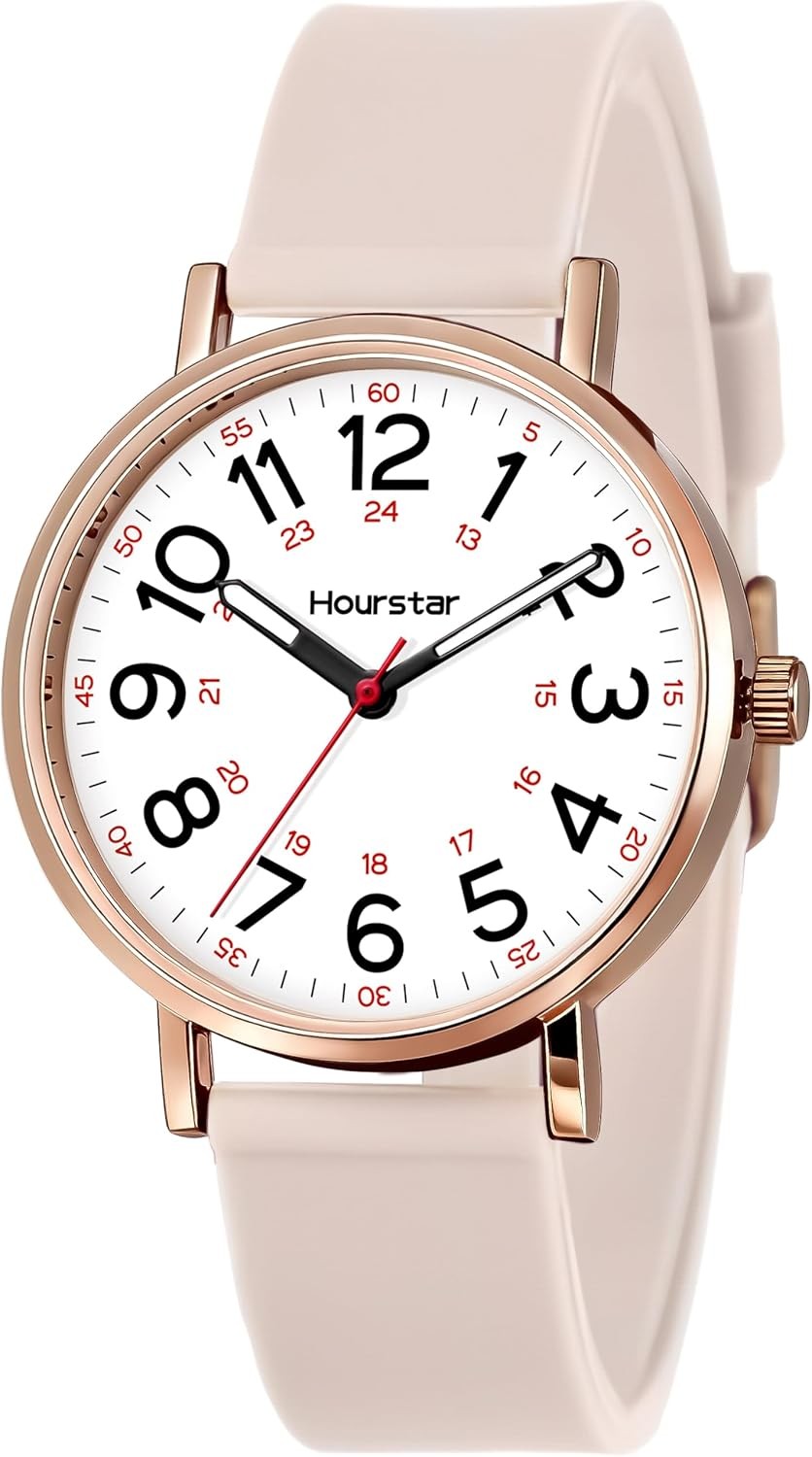 Women’s Analog Nurse Watch with Second Hand for Nursing, 12/24 Time, Silicone Ba