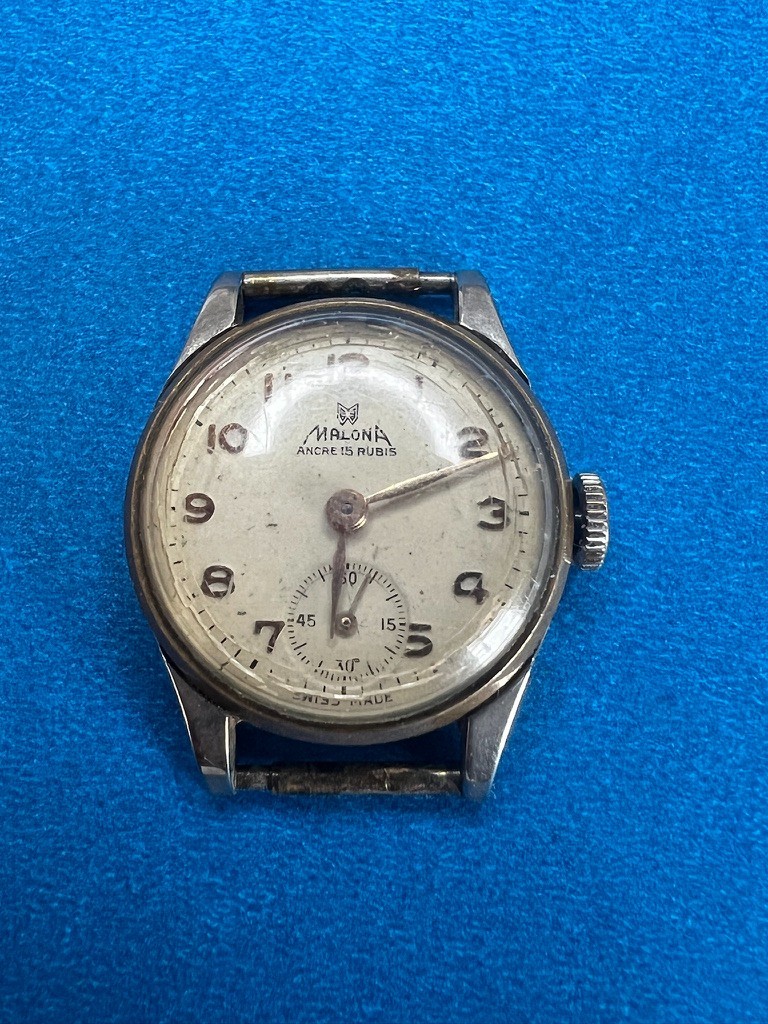 Malonia Swiss Made Ancre 15 Rubis Sub-Seconds Manual Wind 1950s Running No Strap