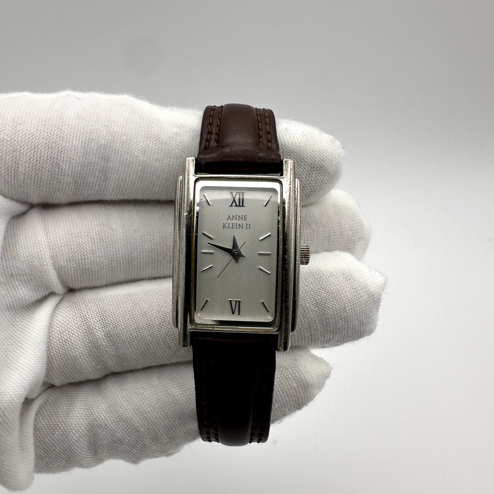 Anne Klein II Rectangular Silver Dial Brown Leather Quartz Watch
