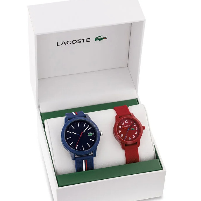 LACOSTE 2070016 12.12 NAVY/RED DIAL SILICONE STRAP MEN & KIDS WATCH GIFT SET