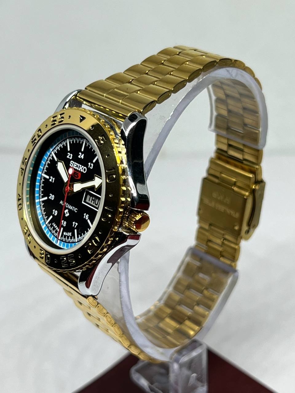Automatic Seiko Refurbished Black Dial Day/ Date Men’s Wrist Watch Gold Plated