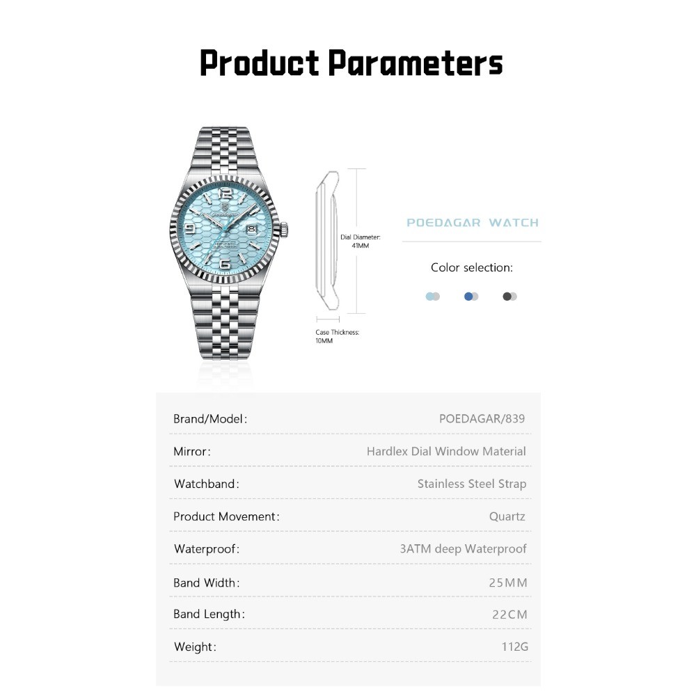 POEDAGAR Men Waterproof Luminous Date Luxury Stainless Steel Quartz Watch