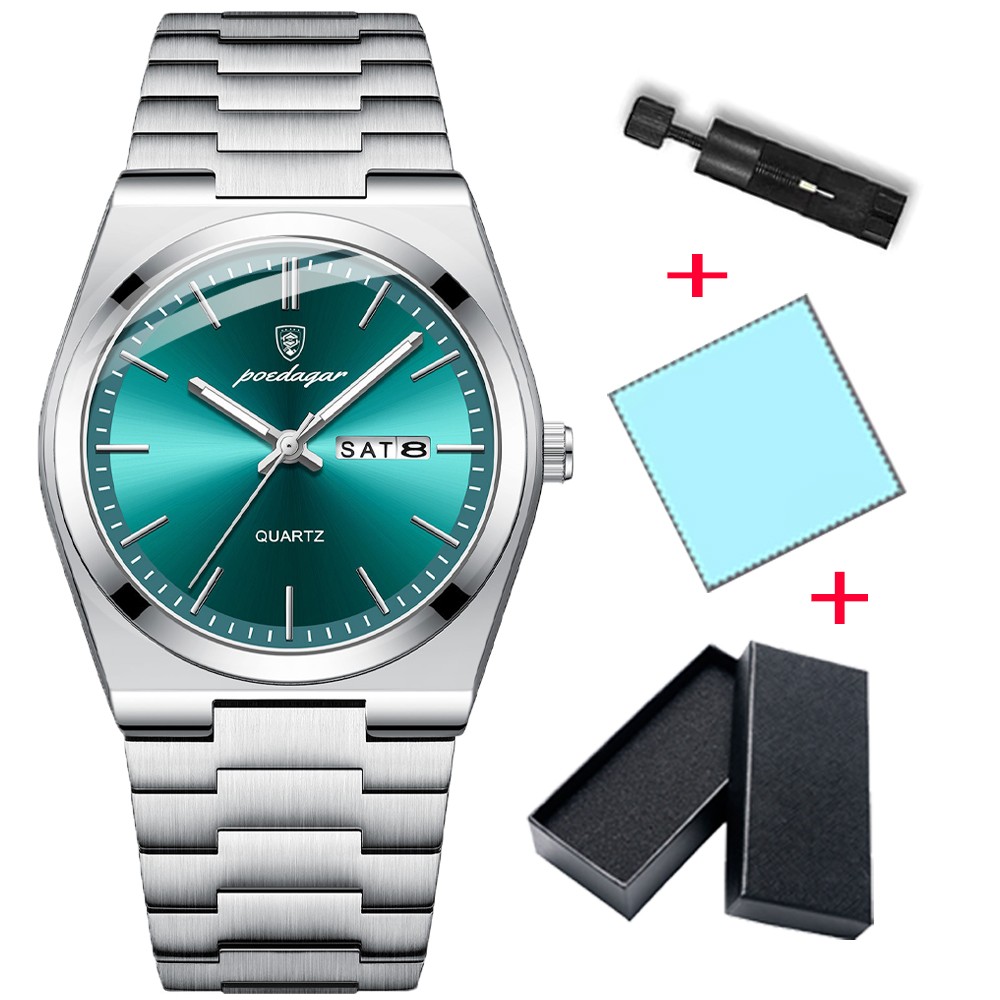 POEDAGAR Men Waterproof Luminous Date Week Stainless Steel Casual Quartz Watch