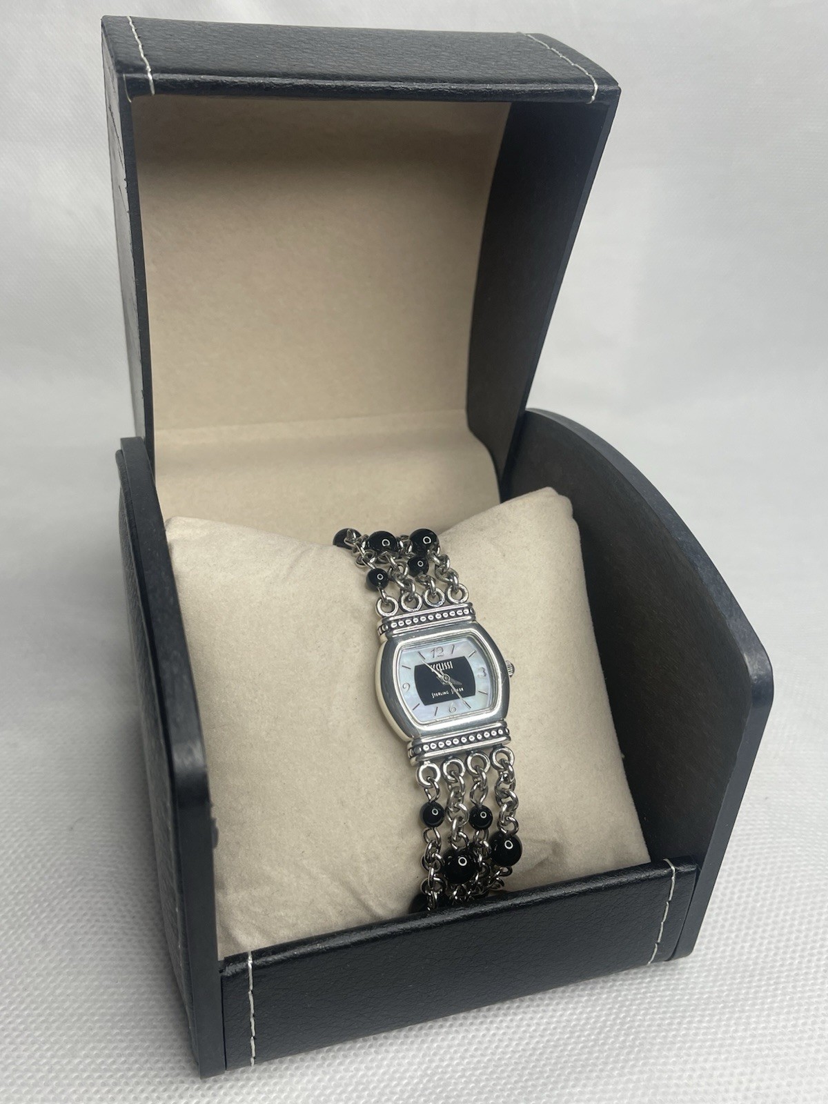 Vintage Ecclissi 925 Sterling Silver Mother Of Pearl & Onyx Beaded Woman’s Watch