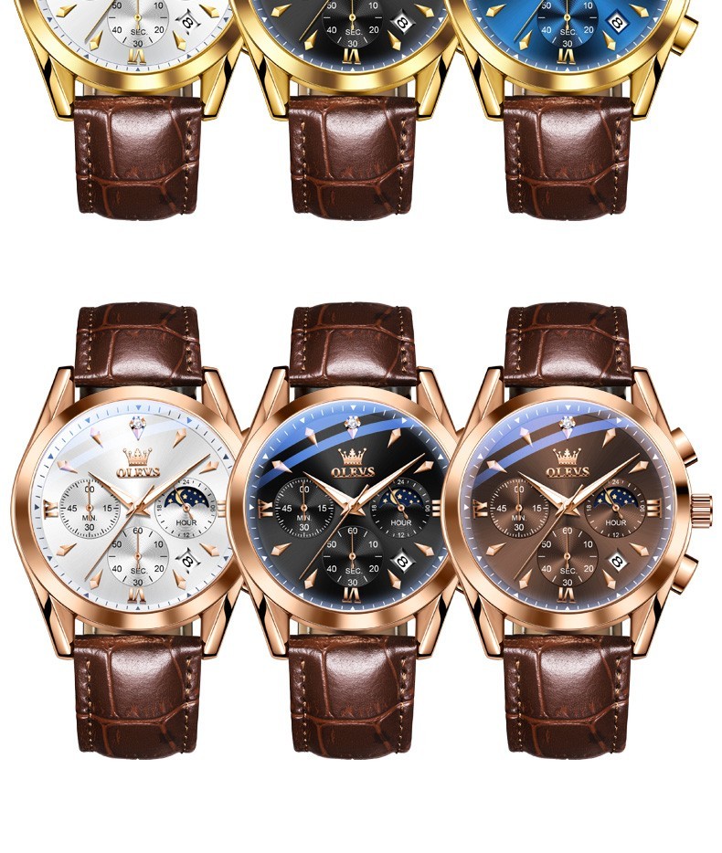 OLEVS 3609 Luminous Night Light Three Dial Japan Movement Leather Quartz Watch