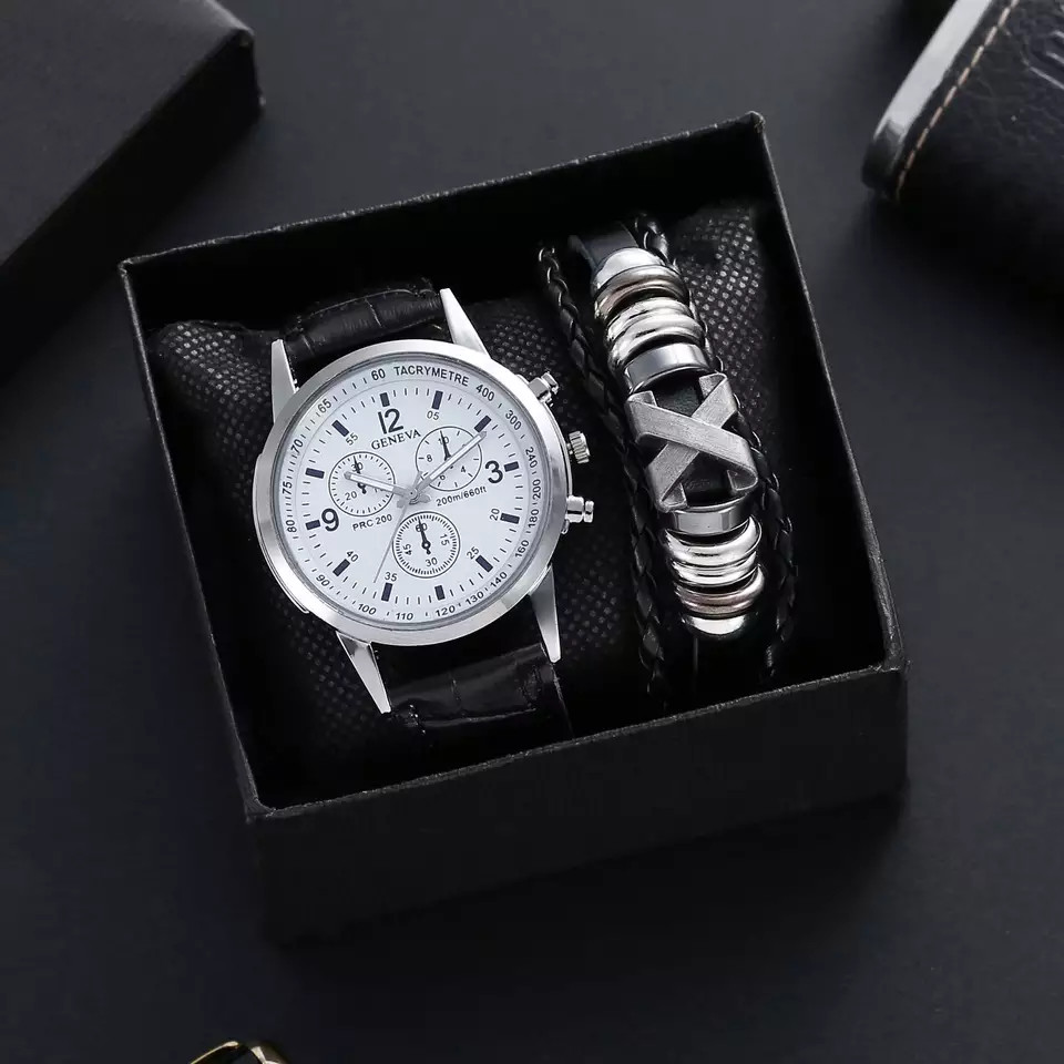 Classy Watch/Bracelet Combo Gift Set ||Black/Brown, Metal Beads, White/Blue face