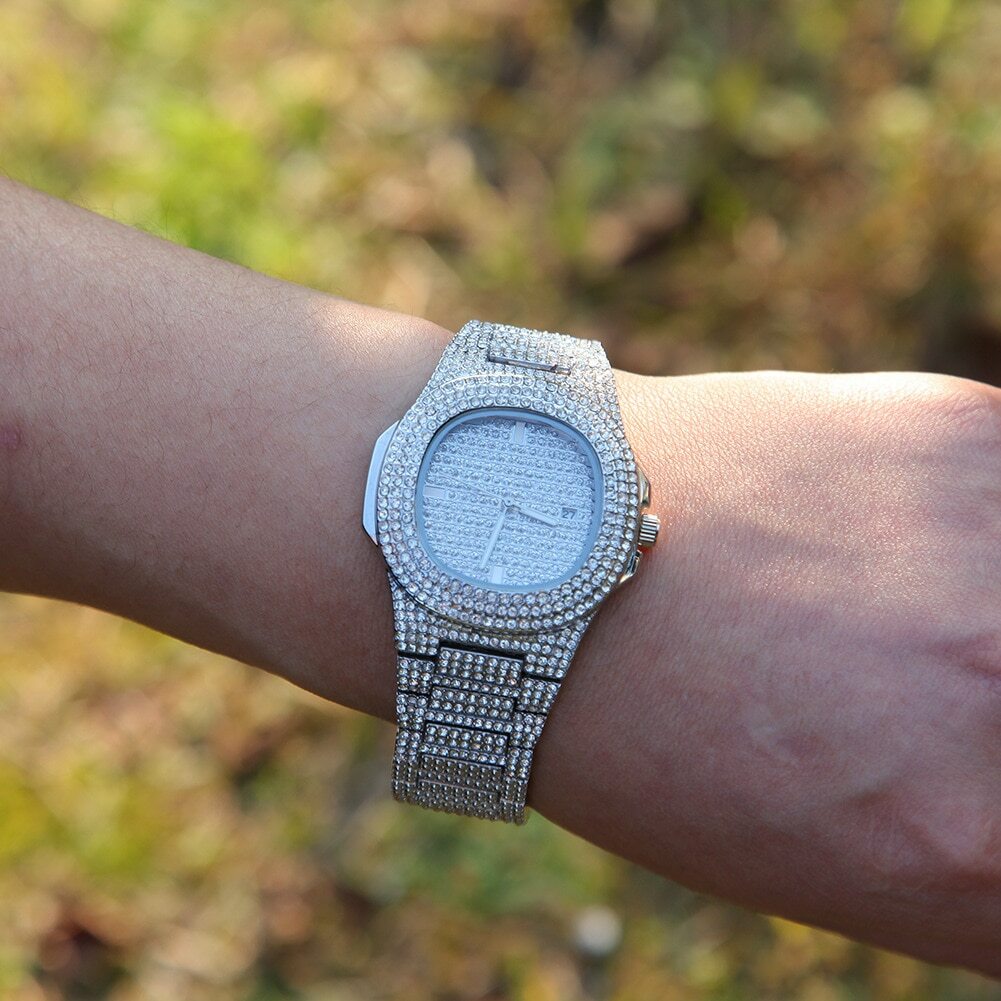 Luxury Hip Hop Jewelry Gold Silver Rose Gold CZ Quartz Stainless Steel Watch W4