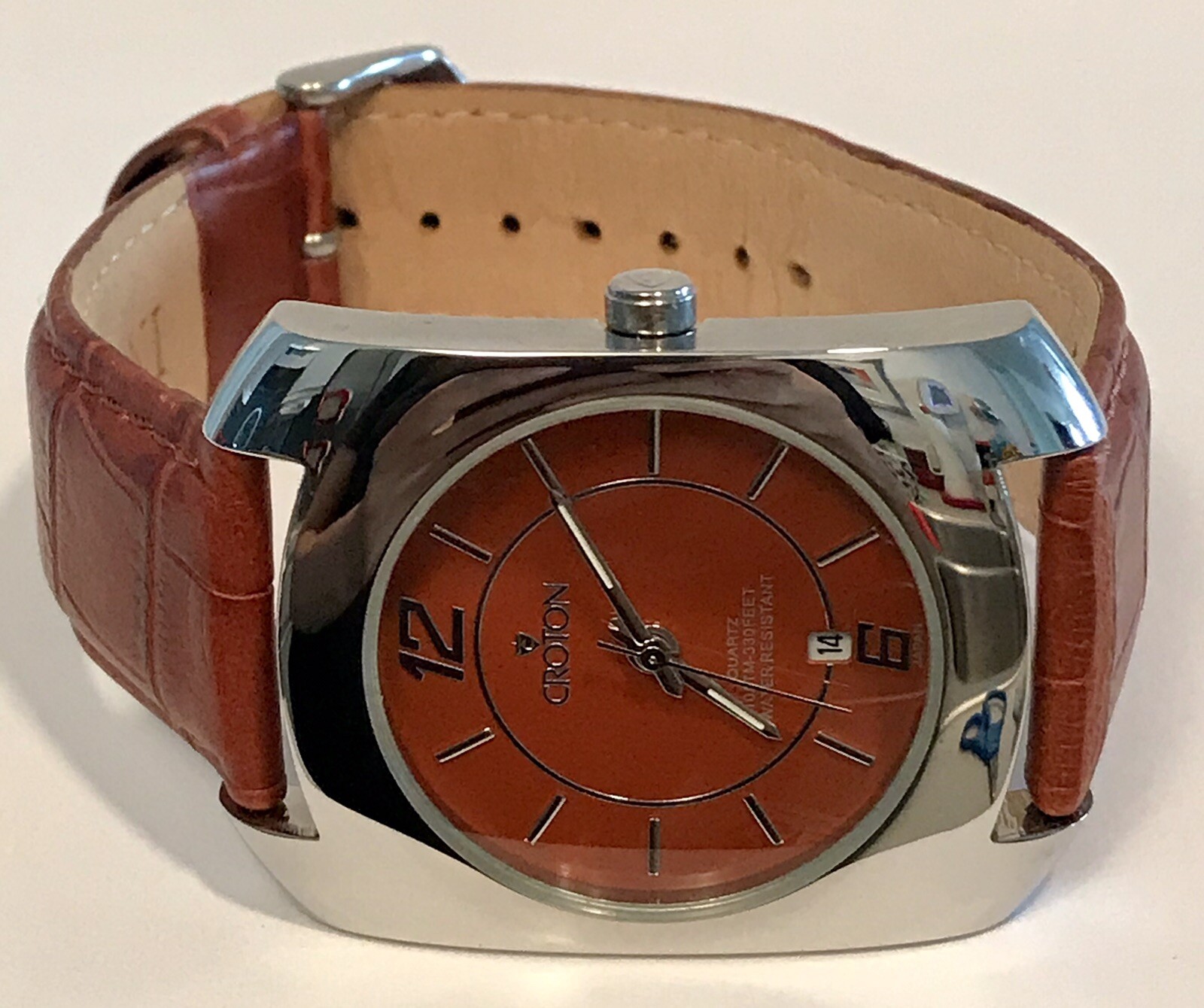 W36mm SLIM Burnt Orange/Slvrtn Cushion | Saddle Brown Band Quartz CROTON Watch