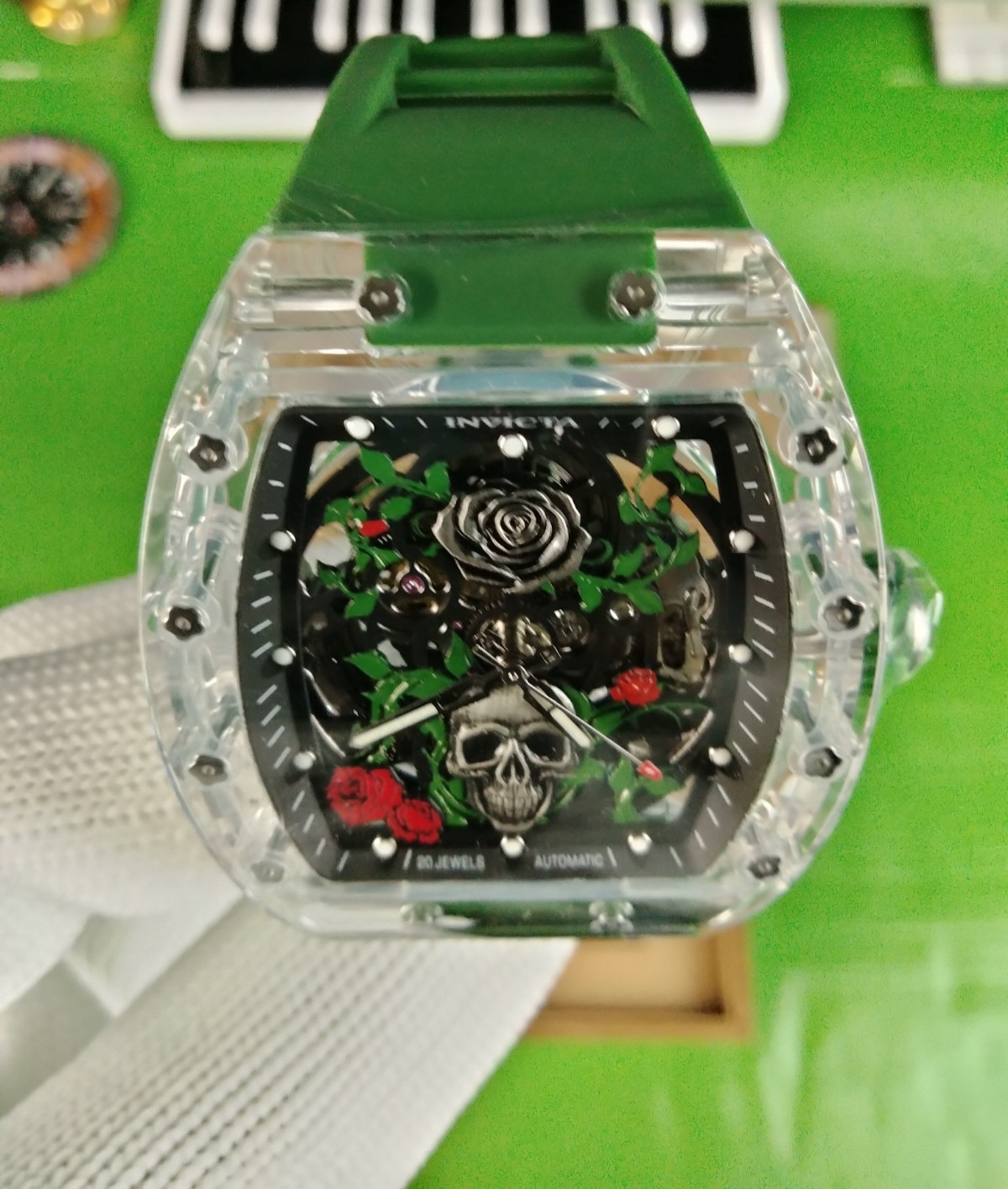 Invicta Roseskull Artist Automatic Men Watch 69497 K9 Glass Case Grn Strap WR30M