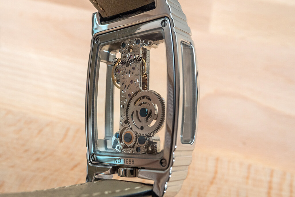 Mens Silver Skeleton Bridge Manual Mechanical Watch – Black Leather Strap
