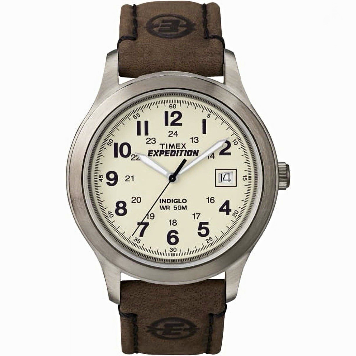 Timex Men’s Expedition Quartz Watch White Dial Brown Leather Strap Date 50m