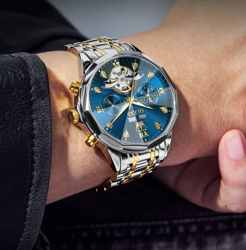 Automatic Mechanical Waterproof Watch Moon Phase Luxury Dial Men Men’s Strap
