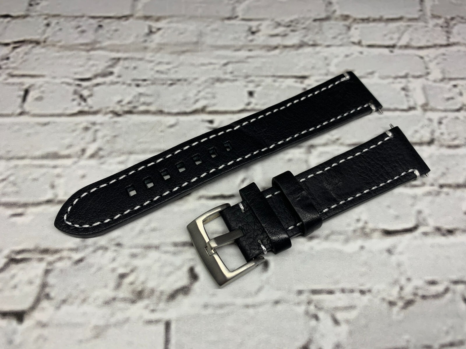 20 mm Black Leather with White Stitches Silver Solid Tang Buckle WITH CREASES