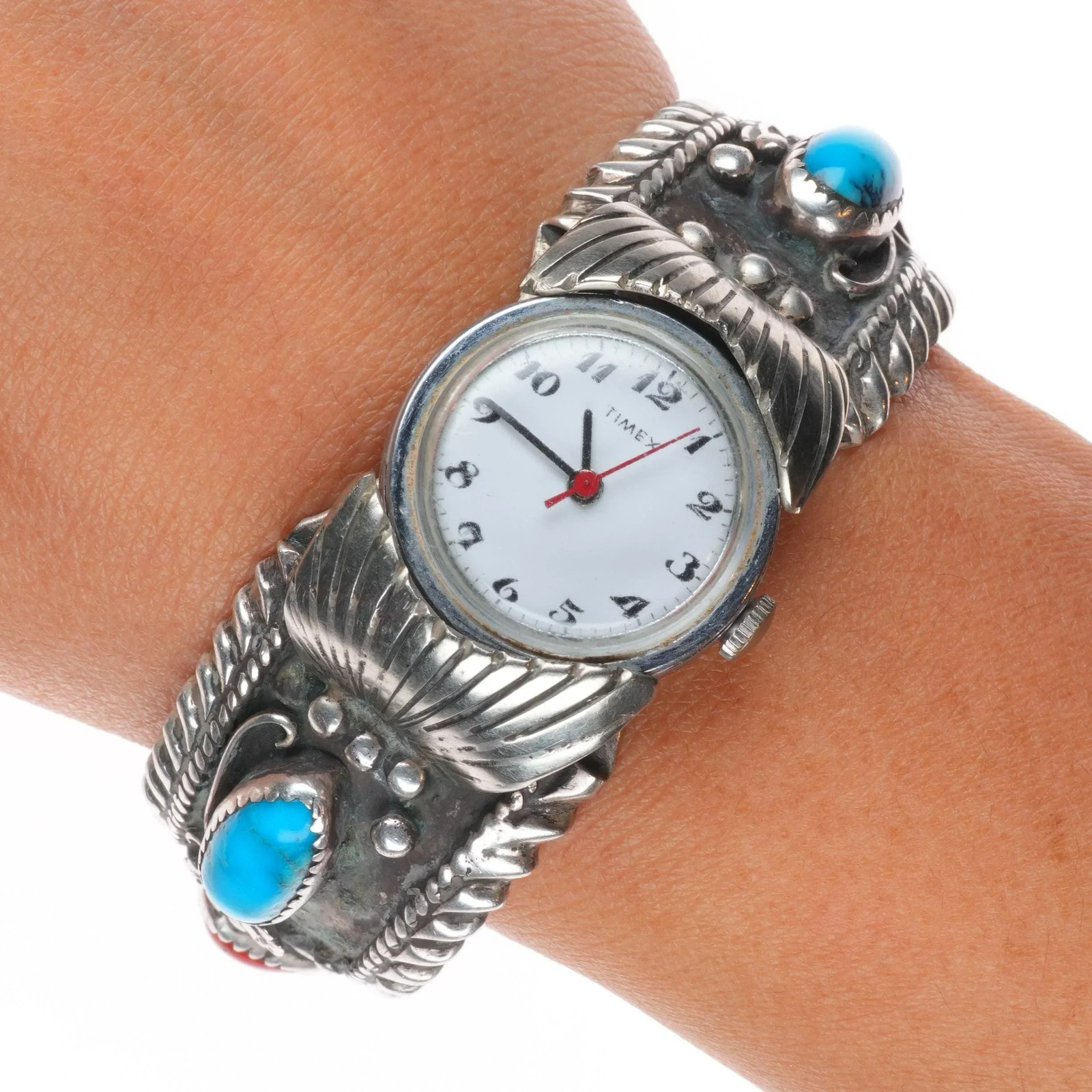 6.25″ Vintage Navajo sterling silver watch cuff bracelet turquoise/coral