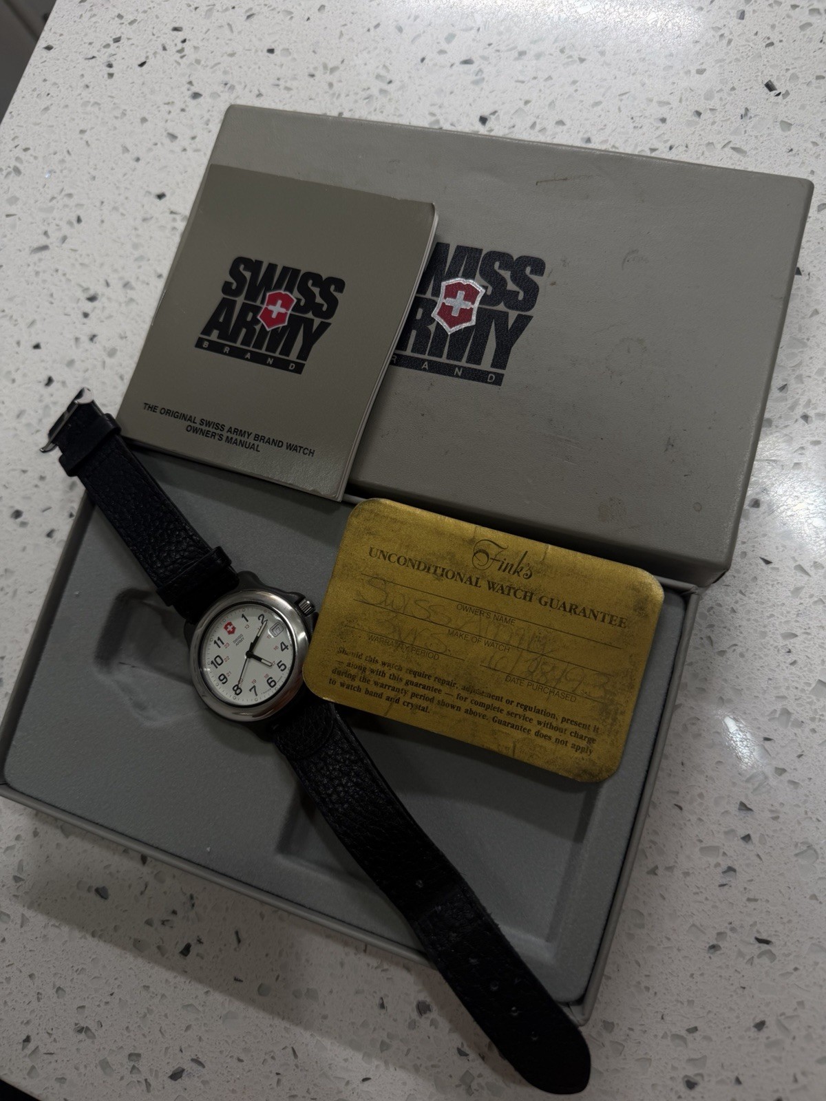 Swiss Army Brand Quartz Analog 37mm Date White Dial Black Leather Strap Box