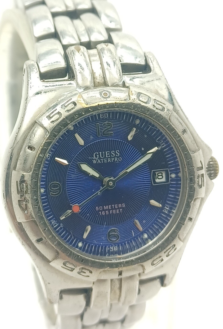 Guess Waterpro Womens Blue Dial Watch Date 50M Silver Tone New Battery ✔️