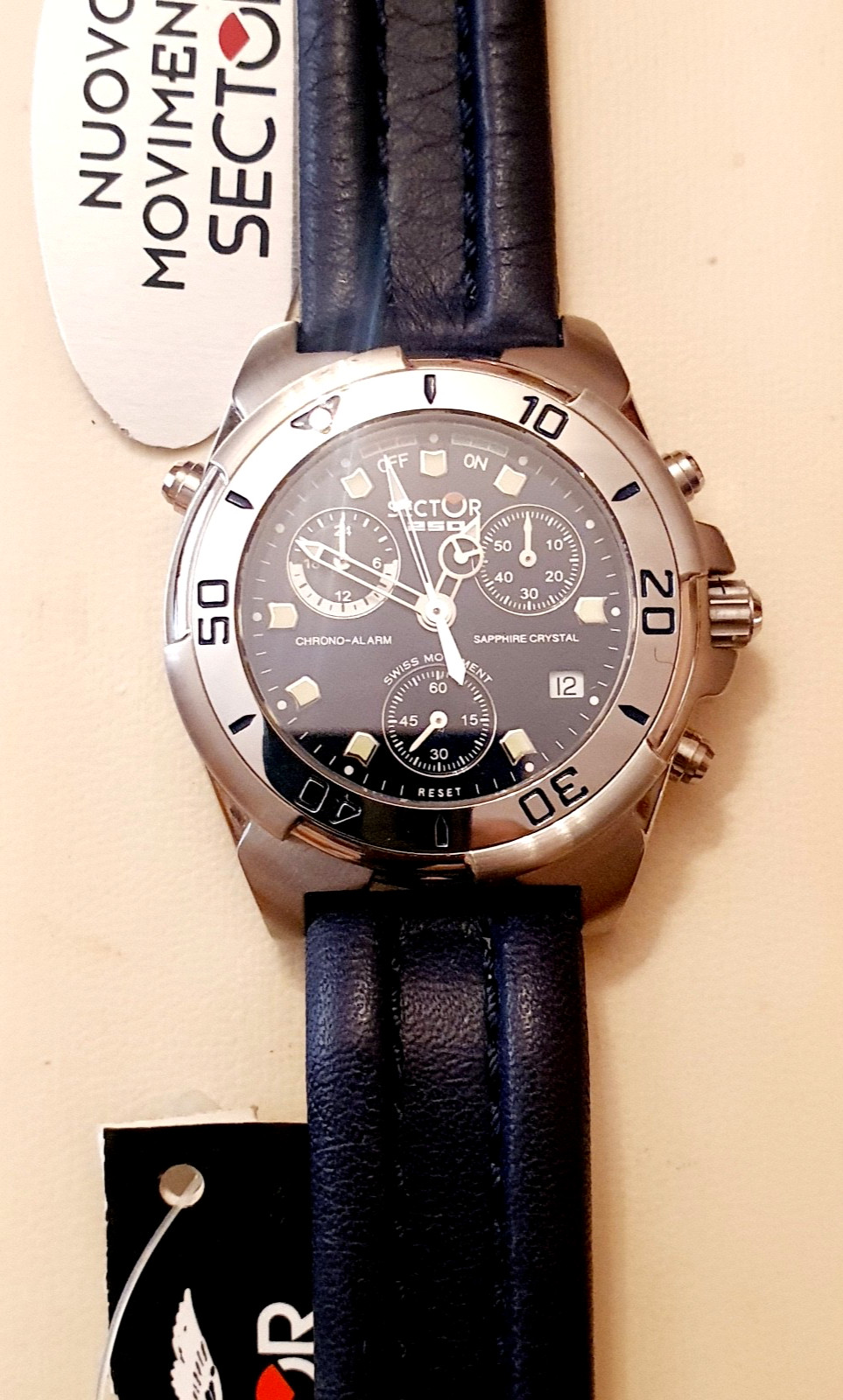 New Sector 250 Chrono Alarm Blue Steel Sapphire Crystal 100Mt Swiss Watch
