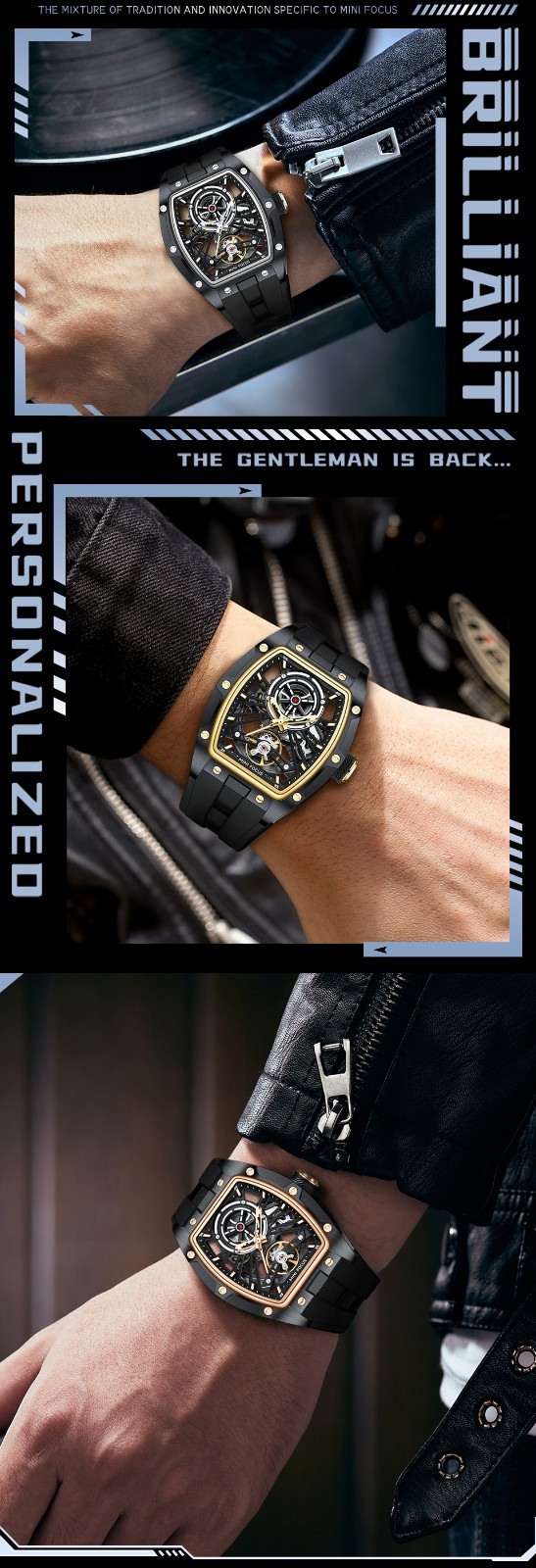 MINI FOCUS Men’s Tonneau Skeleton Flywheel Silicone Automatic Mechanical Watch