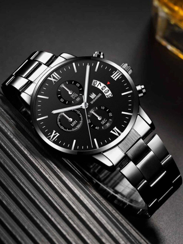 SHAARMS 1pc Black Stainless Steel Strap Business Round Dial Date Quartz Watch