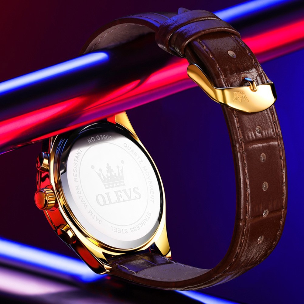 OLEVS 3609 Luminous Night Light Three Dial Japan Movement Leather Quartz Watch