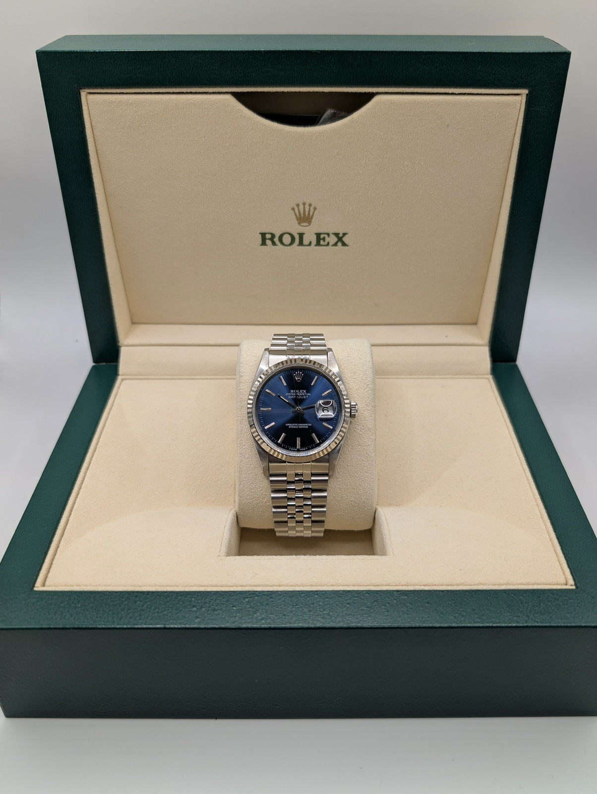 ROLEX MENS DATEJUST 16234 18K WHITE GOLD STAINLESS STEEL BLUE DIAL JUBILEE 1992