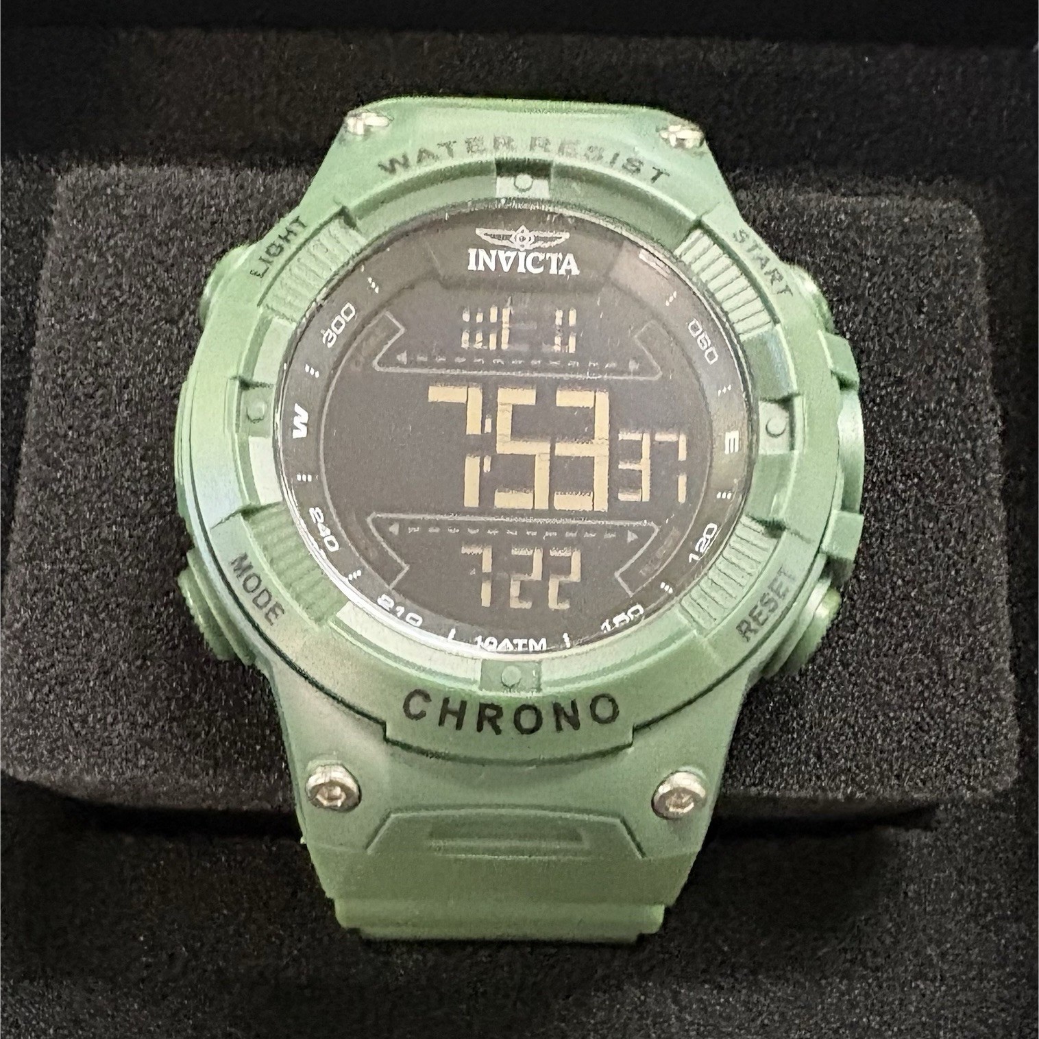 Invicta Chrono Digital Quartz Watch Green Resin Strap 100m Water Resist Box