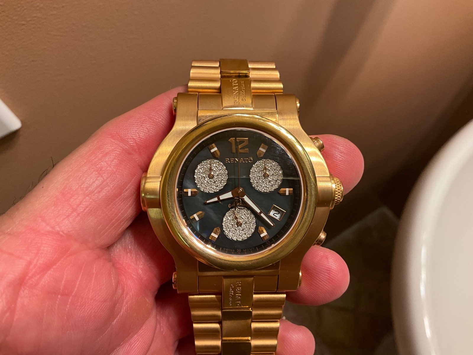 RENATO DIAMOND BEAST TRIPLE PAVE DIAL 18K GOLD SWISS QUARTZ CHRONOGRAPH EXCELLEN