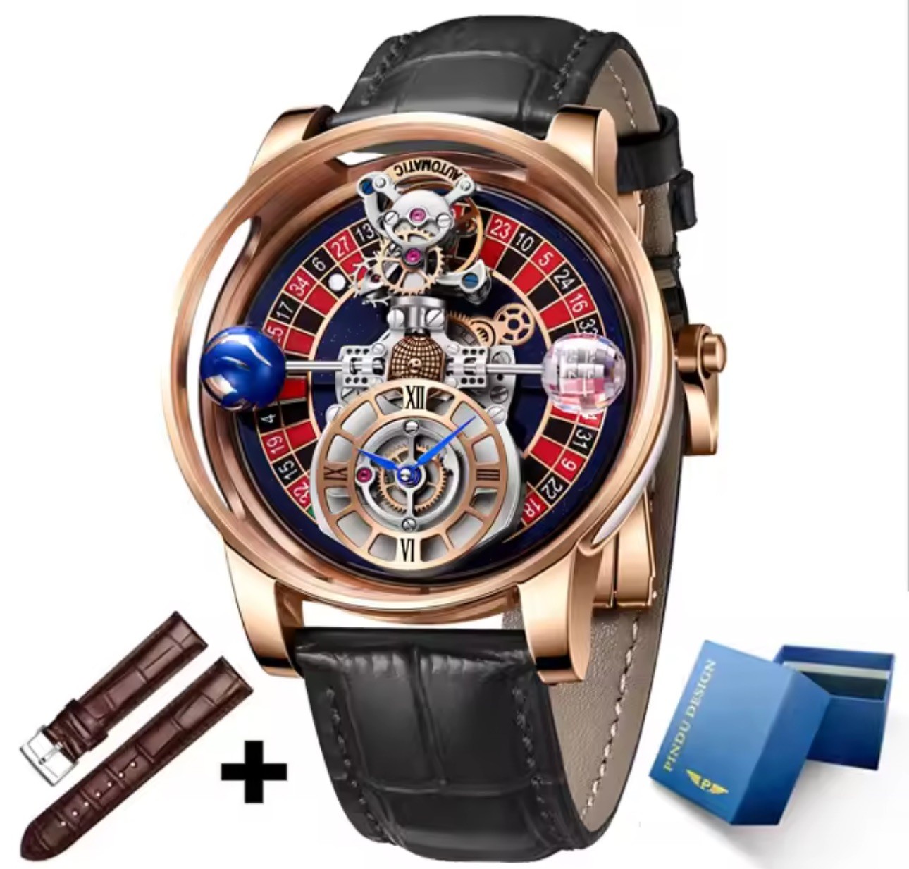 Celestial Men’s Transparent Case Leather Quartz Watch Waterproof Time Adjustment