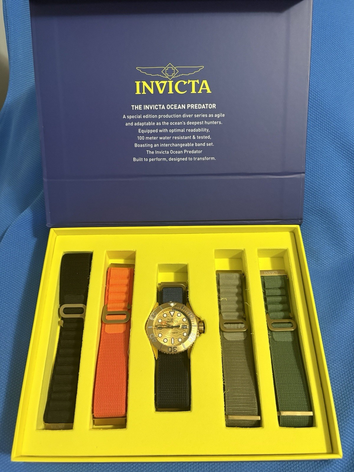 Invicta Ocean Predator Men’s Quartz Diver 100m Gold Dial Blue Nylon Strap Set