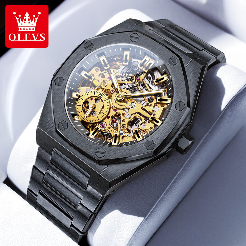 Automatic Mechanical Waterproof Luxury OLEVS Watch Men Skeleton Men’s Strap