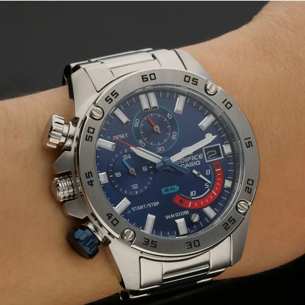 Casio Edifice Chronograph Men’s Watch Blue Dial Silver Stainless Steel WR100M