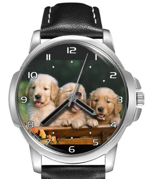 Golden Retriever Happy Puppies Leather Strap Big Dial Gift Wrist Watch