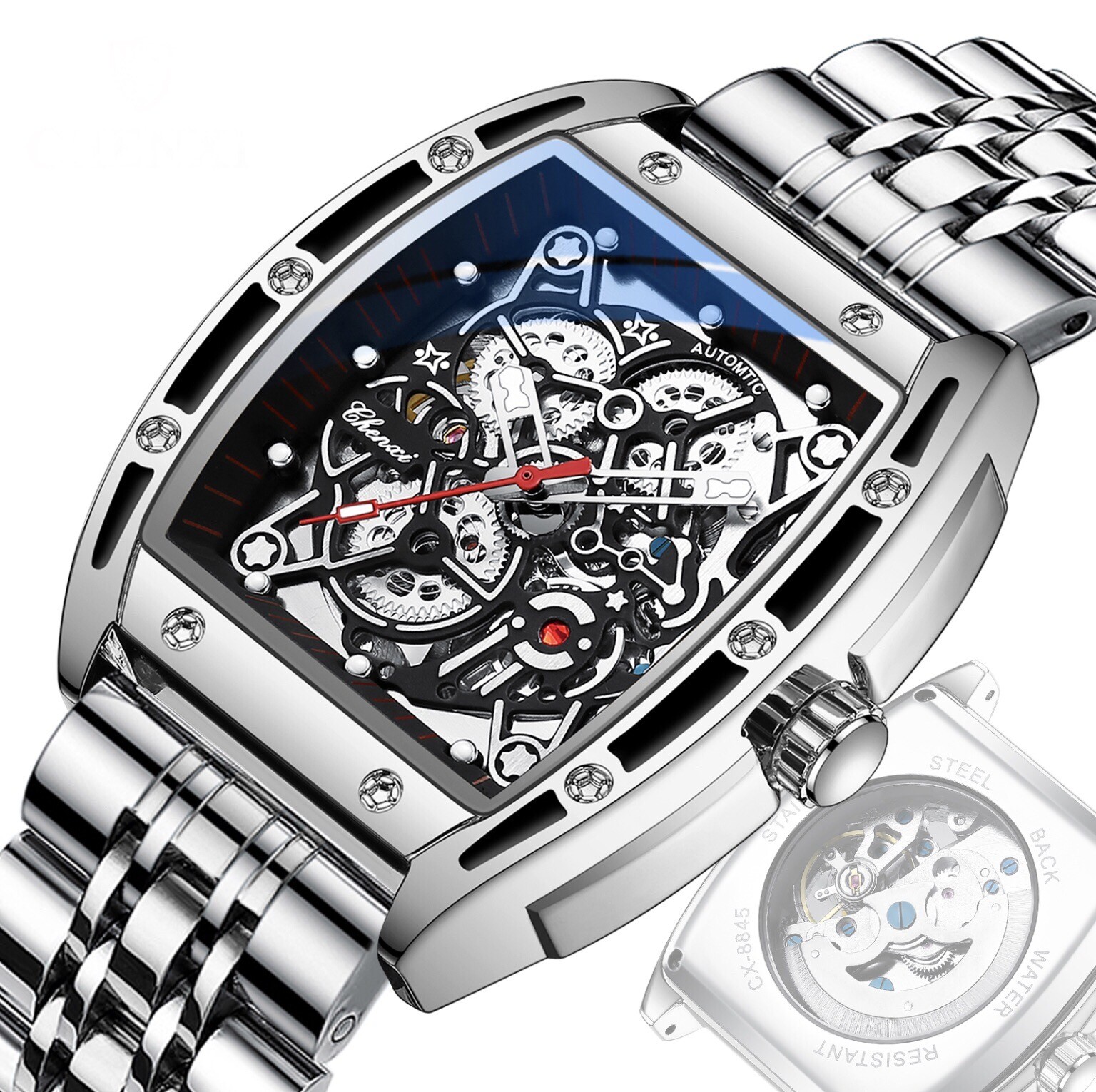 CHENXI Men’s Skeleton Automatic Mechanical Tonneau Shaped Watch Waterproof Gift